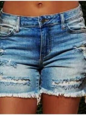 High-Rise Distressed Denim Women’s Shorts - Light Blue